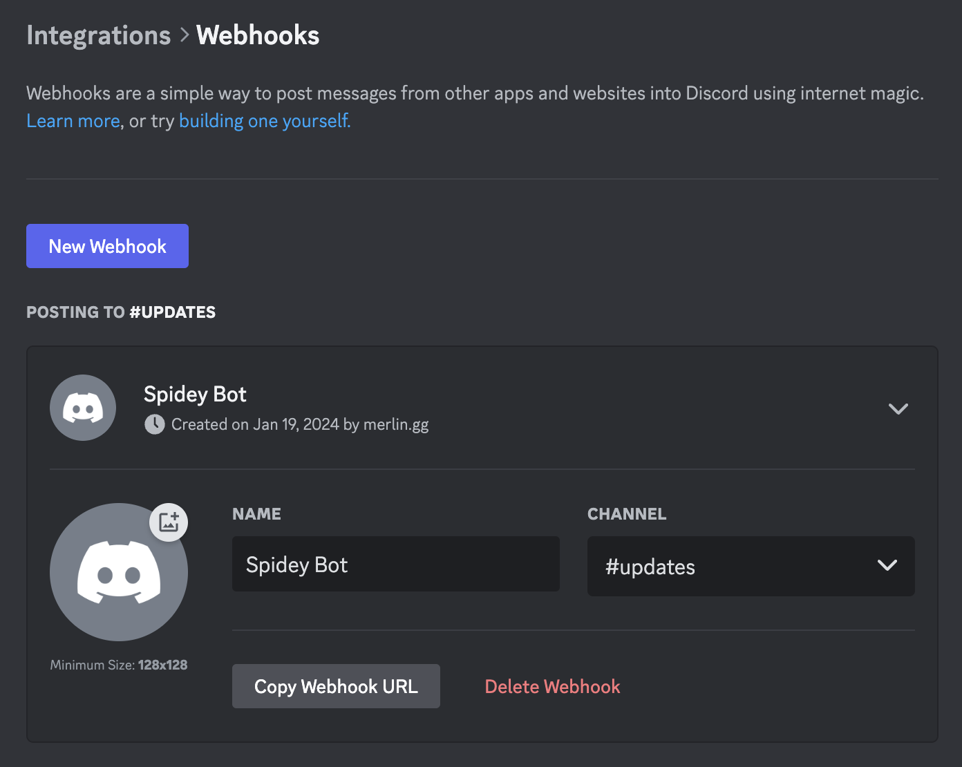 Creating a webhook under Integrations in Discord's server settings