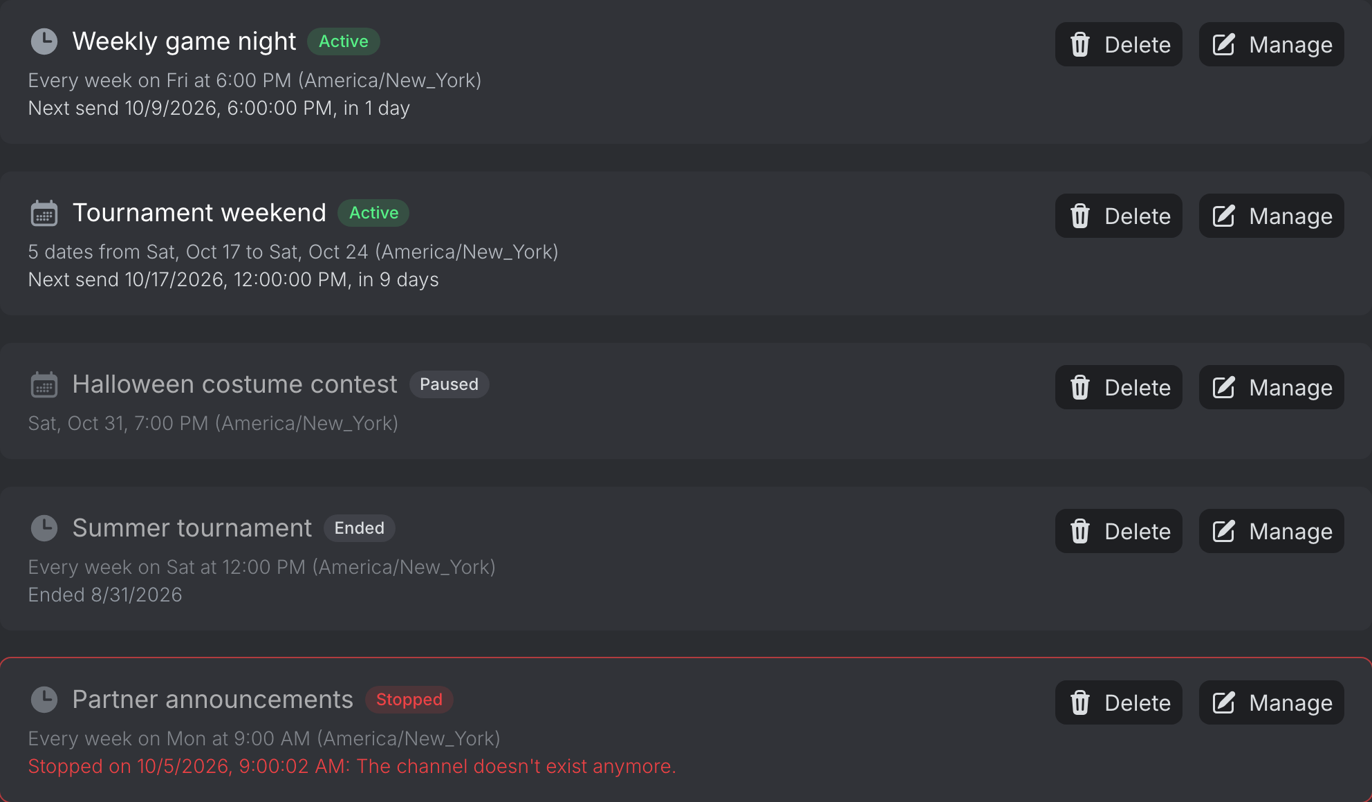 The list of scheduled messages with active, paused, ended and stopped ones