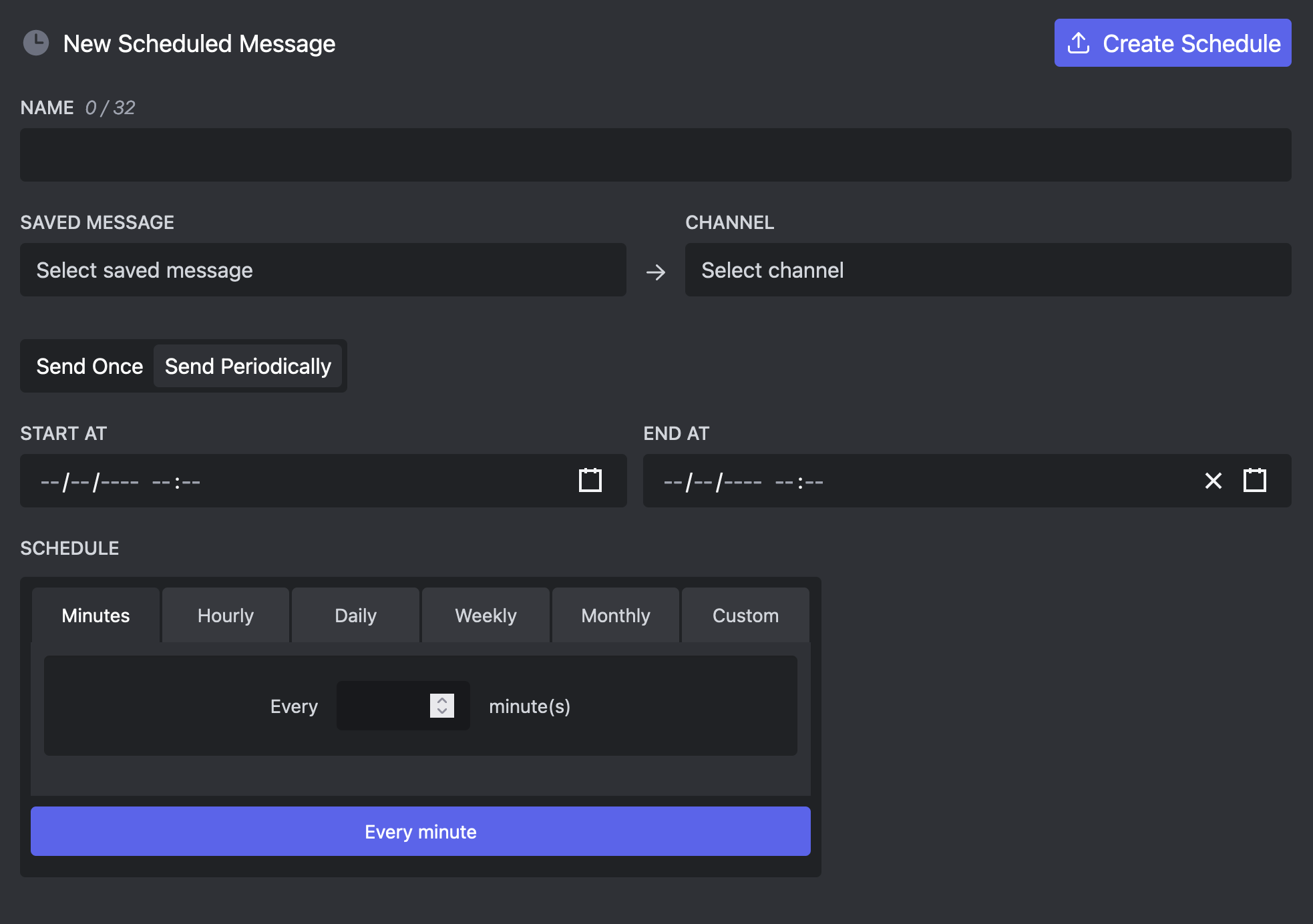 The form for a new scheduled message in Embed Generator